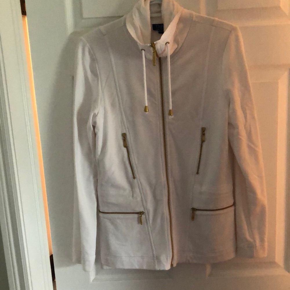 White and Gold Utility Jacket with Stand-Up Collar